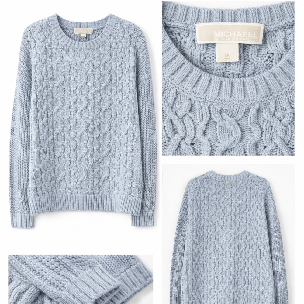 Michael Kors Cable Knit Sweater 1X Light Blue Crew Neck